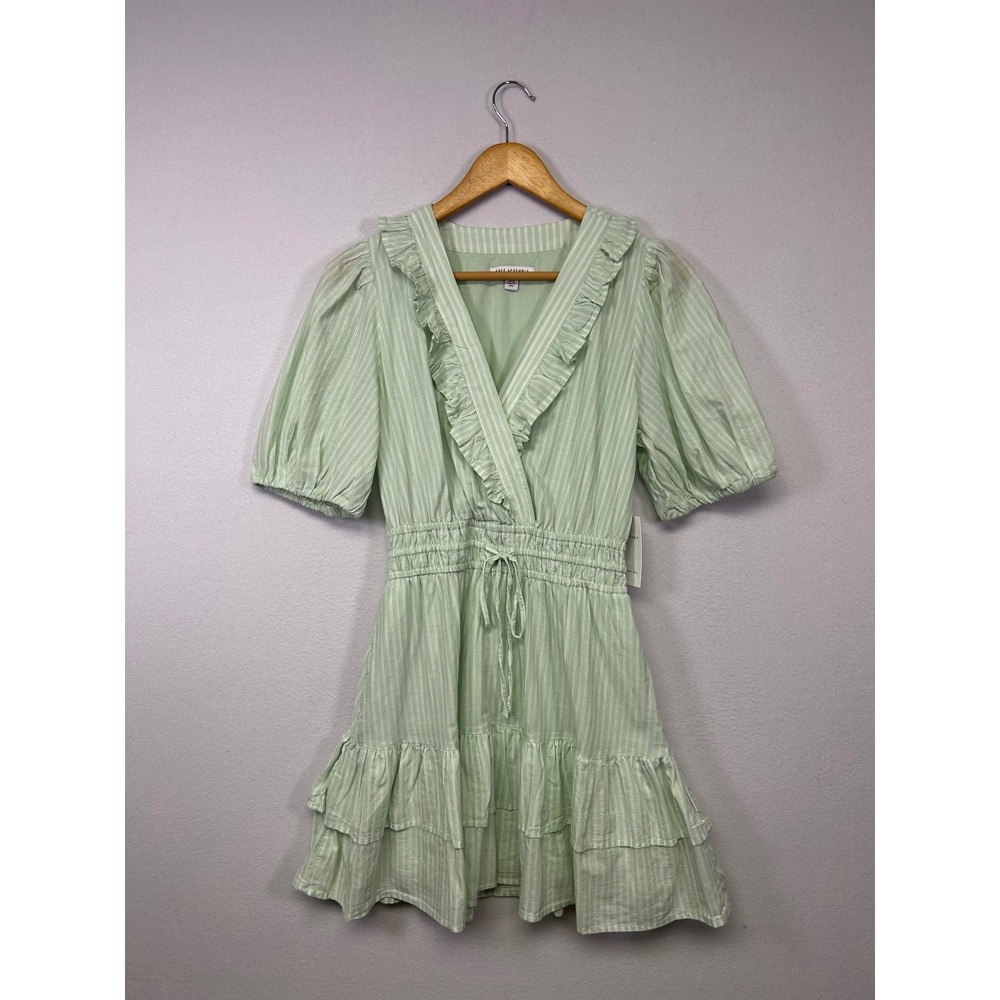 Cottagecore Free Assembly NWT Womens XS Green Striped Ruffle Puff Slv Mini Dress